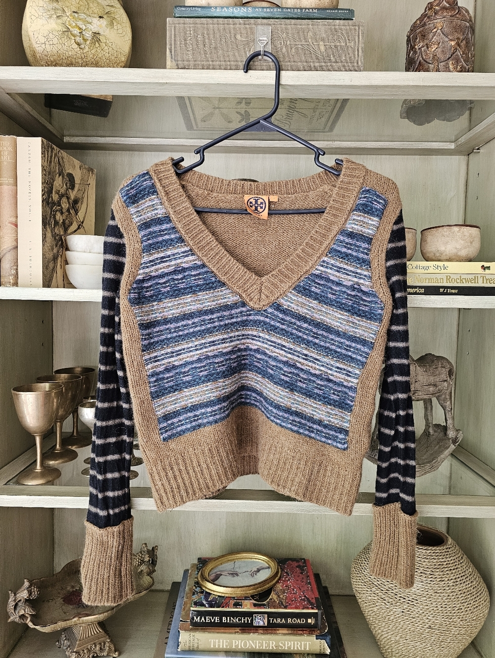 Tory Burch Alpaca Wool Blend V Neck Striped Fair Isle Sweater Small - Picture 4 of 13